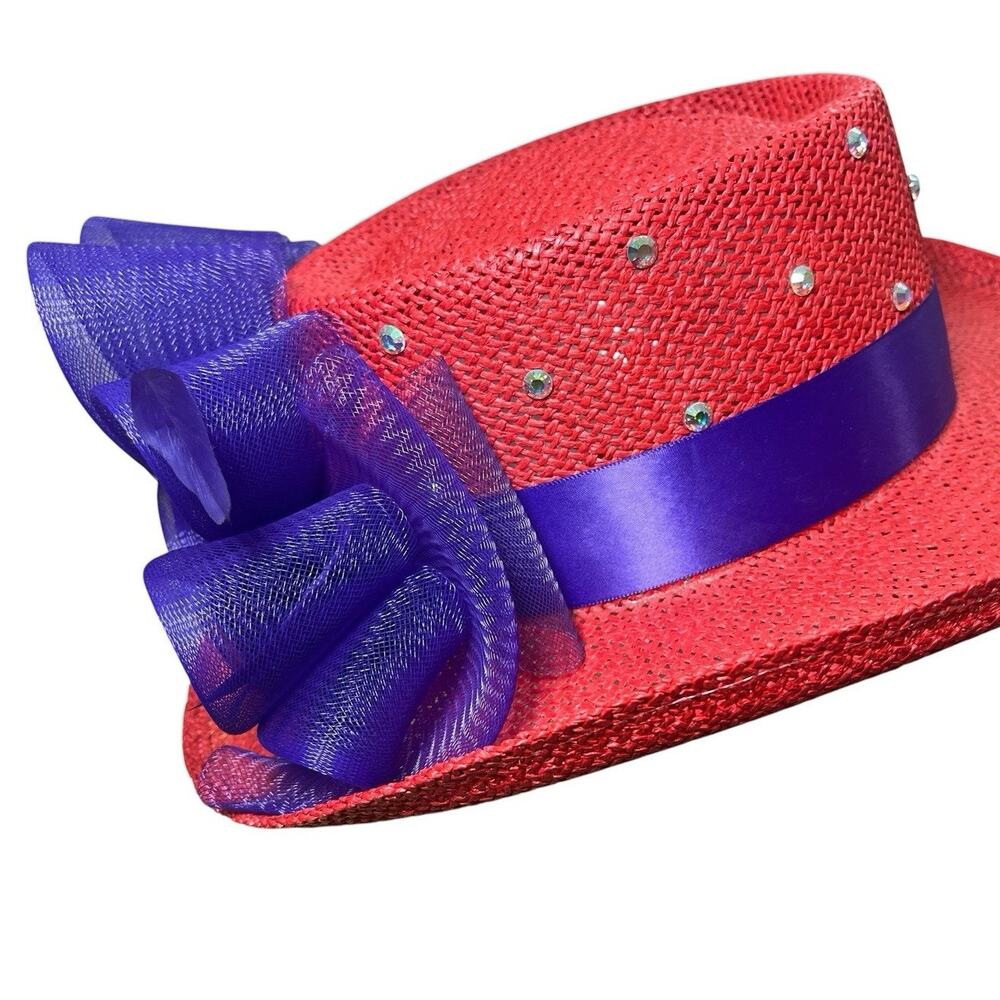 Red Hat Society Women's Straw Hat Purple Flower For Church Tea Derby Festival - Picture 2 of 8